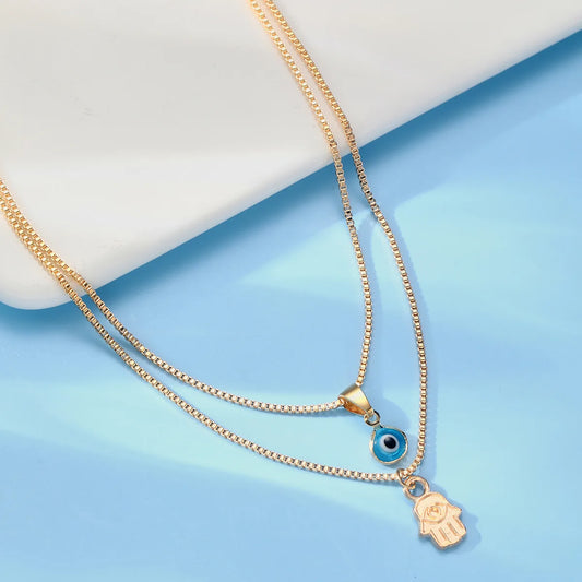 Turkish Double Layer Evil Eye Necklace – Lucky Palm Pendant, Rhinestone Clavicle Chain™