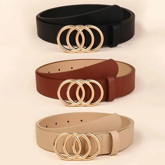 Women's PU Leather Belt with Gold Triple Ring Buckle – Stylish Waistband for Jeans, Dresses & Coats™