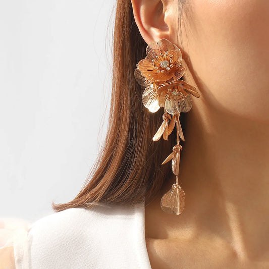 Vintage Gold Flower Drop Earrings – Bohemian Statement Crystal Jewelry™