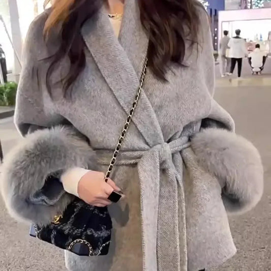 Luxury Wool & Fox Fur Short Coat – Elegant Double-Sided Cashmere Jacket™