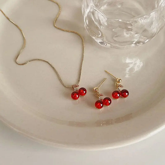 Red Cherry Necklace & Earrings Set for Women – Fashion Jewelry Gift™