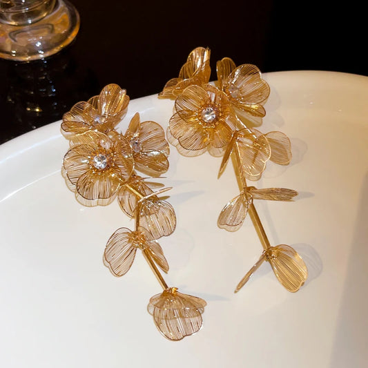 Vintage Gold Flower Drop Earrings – Bohemian Statement Crystal Jewelry™