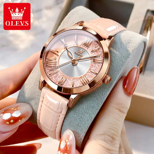 OLEVS Luxury Women's Quartz Watch – Crystal Dial, Roman Numerals, Waterproof Leather Strap™
