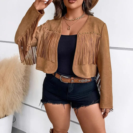 Chic Fringe-Trim Blazer – Light Brown Long Sleeve Suit Jacket for Stylish Looks™