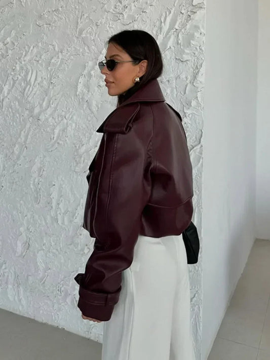Women's Red Wine Leather Jacket – Vintage Belted Short Coat™