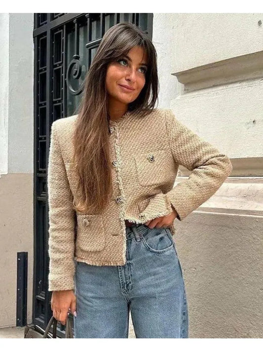 Elegant Tweed Woolen Jacket – Chic Button-Up Women's Coat™