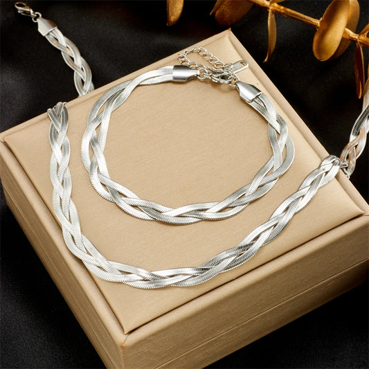 DIEYURO 3-in-1 Stainless Steel Snake Chain Jewelry Set – Waterproof Crossover Necklace & Bracelet for Women & Girls – Fashion Statement Accessory™
