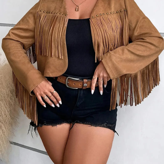 Chic Fringe-Trim Blazer – Light Brown Long Sleeve Suit Jacket for Stylish Looks™