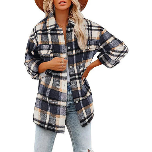 Women's Plaid Woolen Coat – Thick Long Sleeve Polo Collar Jacket™