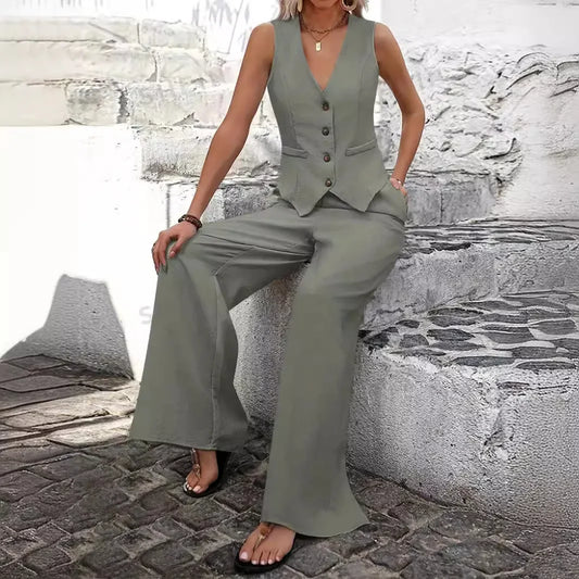 Elegant Women's Two-Piece Set – Sleeveless Vest & Wide-Leg Pants™