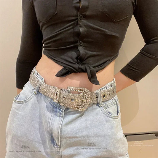 Women's Rhinestone Studded PU Leather Belt – Adjustable Glitter Waistband for Club & Party™