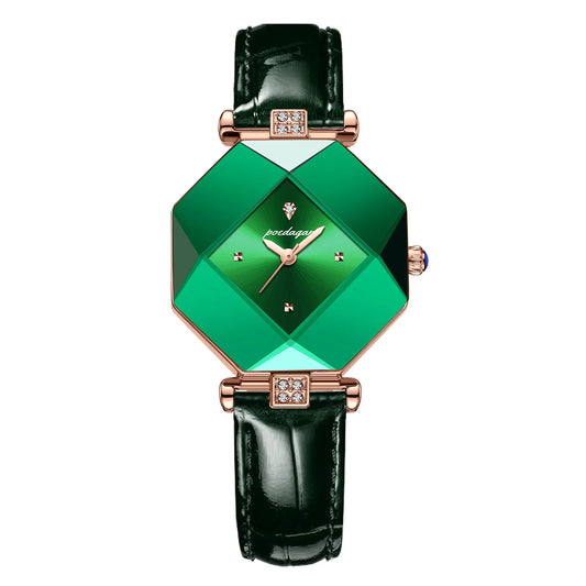 POEDAGAR Luxury Women’s Diamond Watch – Waterproof Quartz with Green Leather Strap™