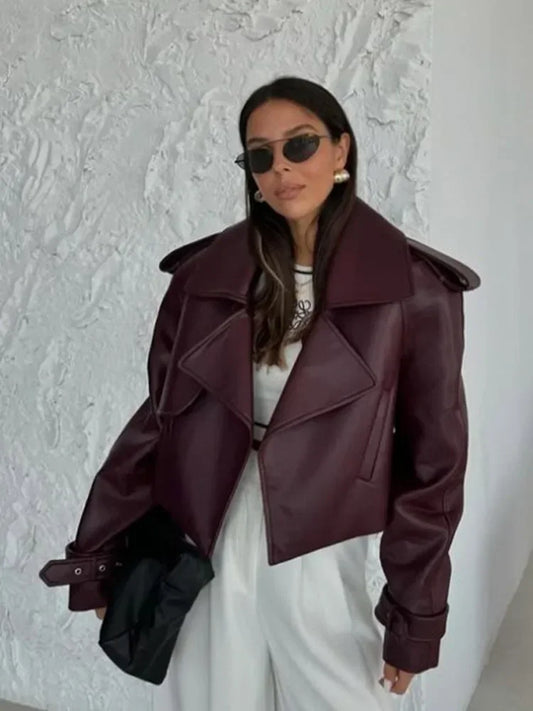 Women's Red Wine Leather Jacket – Vintage Belted Short Coat™