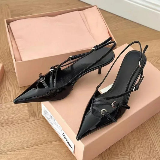 Luxury Pointed Black Silk Heels – Sexy One-line Buckle Sandals for Women™