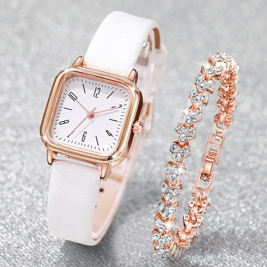 Women’s Square Watch & Bracelet Set – Fashion Quartz with Leather Strap™