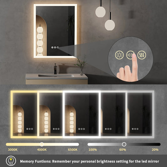 LED Bathroom Mirror 16x20 – Anti-Fog, Smart Touch, Wall-Mounted with Memory Function™