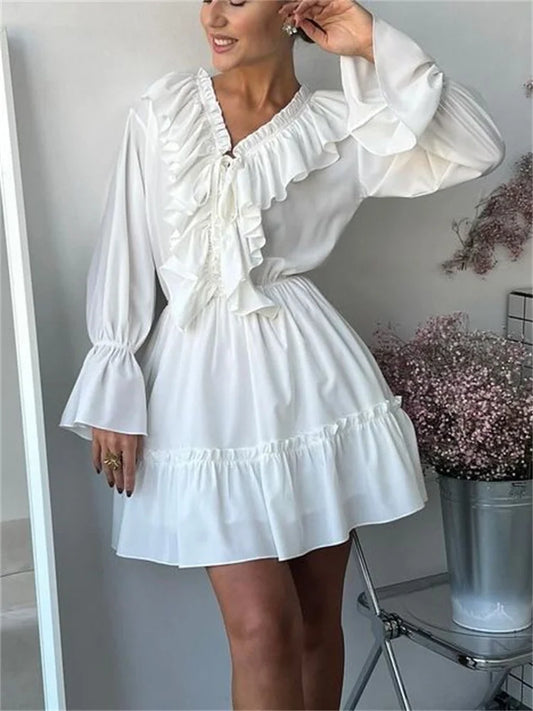 Tossy Elegant V-Neck Ruffle Mini Dress – Long Sleeve & Lace-Up Waist™