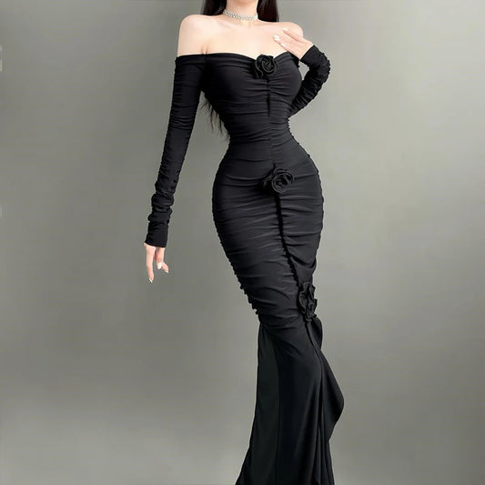 Gothic Elegance Off-Shoulder Maxi Dress – Dark Floral Ruffle Long Sleeve Gown™