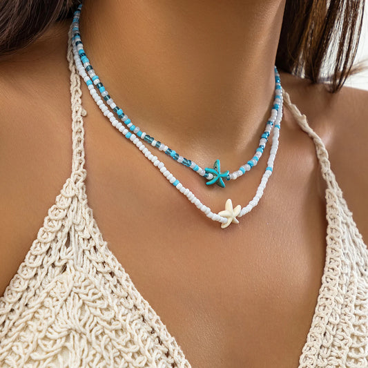 Salircon Boho Double-Layer Sea Charm Necklace – Acrylic Turtle & Star with Beaded Design™