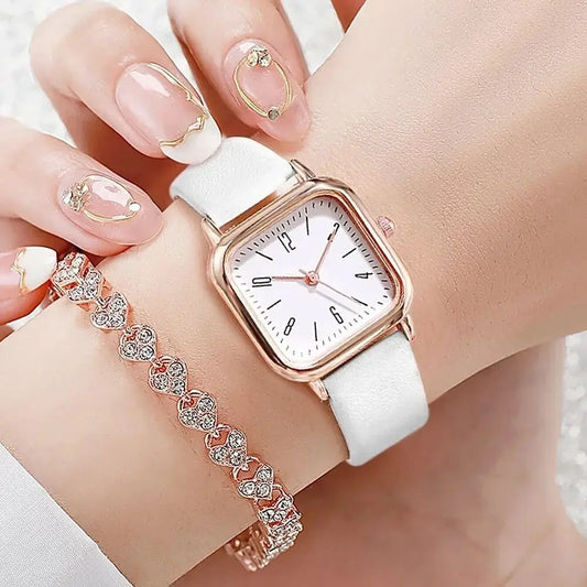 Women’s Square Watch & Bracelet Set – Fashion Quartz with Leather Strap™