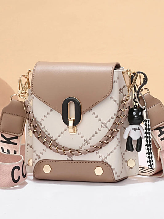Korean Chic Patchwork Crossbody Bag – PU Leather, Metal Accents & Bear Charm™