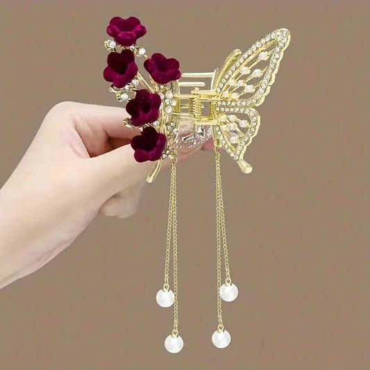 Faux Pearl Tassel Hair Claw Clip – Red Rose Metal Jaw Clip™