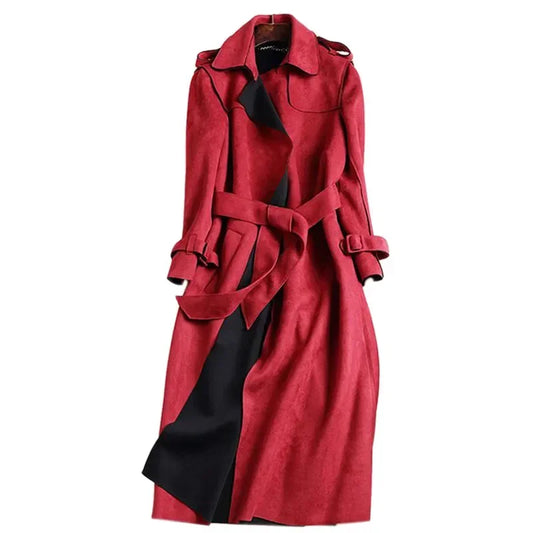 Elegant Women's Red Suede Trench Coat – Slim Fit Long Overcoat™