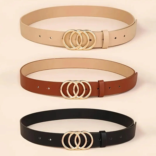 Women's PU Leather Belt with Gold Triple Ring Buckle – Stylish Waistband for Jeans, Dresses & Coats™