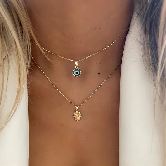 Turkish Double Layer Evil Eye Necklace – Lucky Palm Pendant, Rhinestone Clavicle Chain™