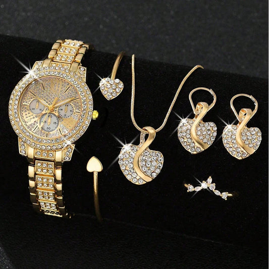 Luxury Women's Watch & Jewelry Set – Gold Rhinestone Quartz Wristwatch with Matching Accessories™