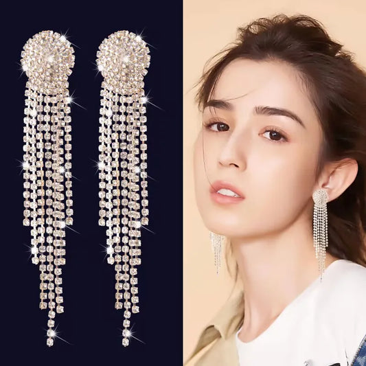 Rhinestone Tassel Clip-On Earrings – No Piercing, Elegant Korean Style™