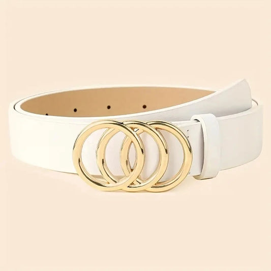 Women's PU Leather Belt with Gold Triple Ring Buckle – Stylish Waistband for Jeans, Dresses & Coats™
