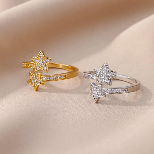 Stainless Steel Gold Zircon Double Star Ring | Y2K Trend™