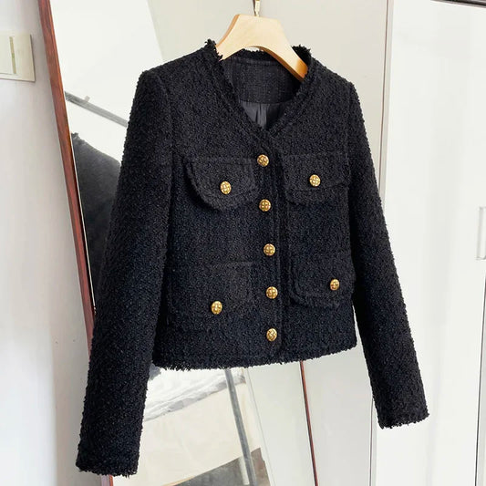 EVNISI Women's Elegant Tweed Jacket – Tassel Trim, Single-Breasted Short Coat™