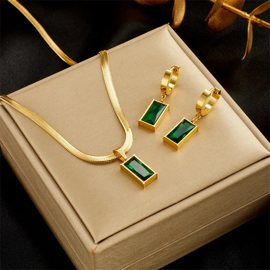 AKOL 316L Stainless Steel Green Crystal Zircon Jewelry Set – Rectangle Pendant Necklace & Earrings for Women, Elegant Party Fashion™