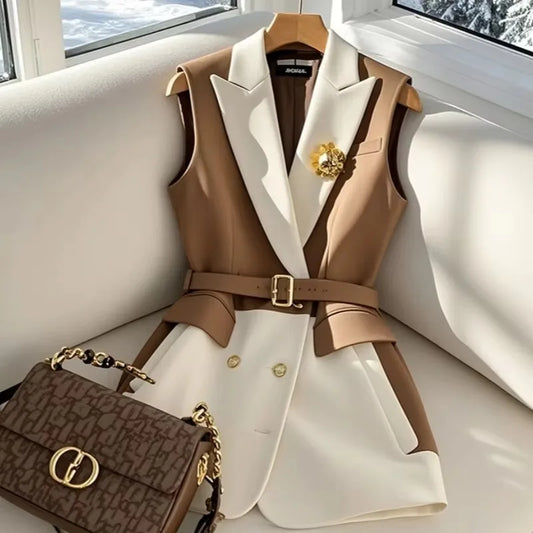 Color Block Sleeveless Blazer for Women – Retro Coffee Vest Jacket™