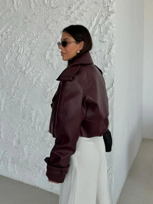 Women's Burgundy Cropped PU Leather Jacket – Stylish Lapel Design with Pockets, Perfect for Autumn Streetwear™