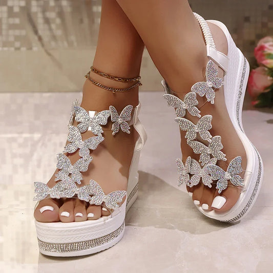 Rhinestone Butterfly Platform Wedge Sandals for Women – Slip-On & Lightweight™