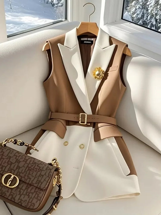 Color Block Sleeveless Blazer for Women – Retro Coffee Vest Jacket™