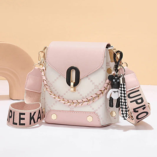 Korean Chic Patchwork Crossbody Bag – PU Leather, Metal Accents & Bear Charm™