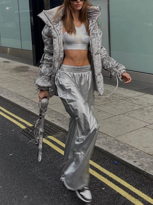 TARUXY Silver PU Leather Wide-Leg Pants – High Waist, Casual Chic, Autumn/Winter ™