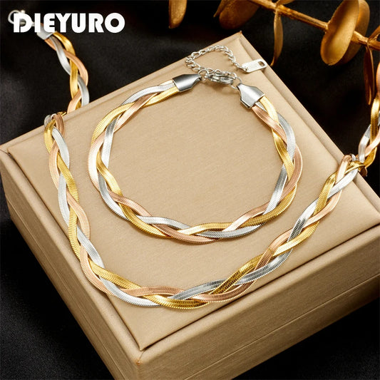 DIEYURO 3-in-1 Stainless Steel Snake Chain Jewelry Set – Waterproof Crossover Necklace & Bracelet for Women & Girls – Fashion Statement Accessory™