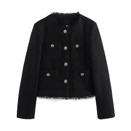 Elegant Tweed Woolen Jacket – Chic Button-Up Women's Coat™