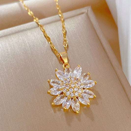 Luxury Sunflower CZ Pendant Necklace - Gold Korean Clavicle Chain with Full Zirconia, Elegant Wedding Jewelry for Women™