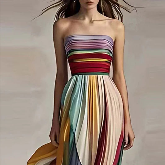 Elegant Off-Shoulder Striped Maxi Dress – Sleeveless Party Wear™