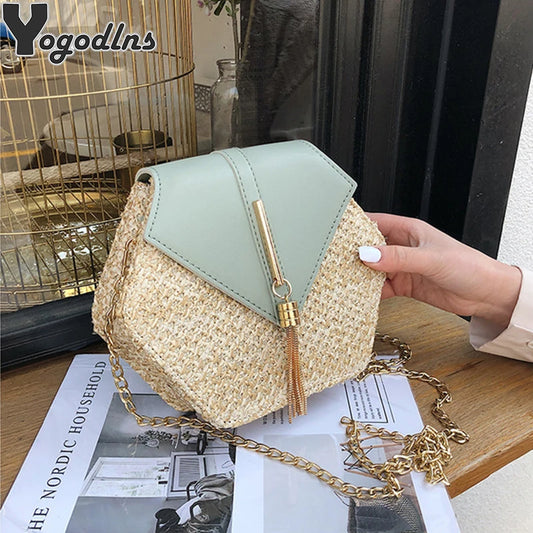 Boho Hexagon Rattan Handbag – Summer Woven Straw & Leather Shoulder Bag™