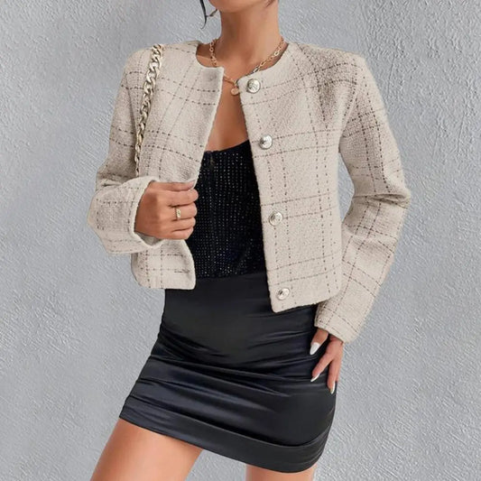 Women's Elegant Plaid Woolen Short Jacket – Collarless, Single-Breasted Spring Coat™