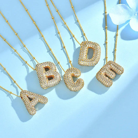 Gold Plated Bubble Initial Necklace – Cubic Zirconia Alphabet Pendant, Monogram Gift for Women & Girls™