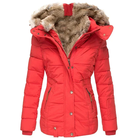 Women’s Slim Fit Hooded Winter Coat – Warm Wool Collar, Long Sleeve, Zipper Closure™